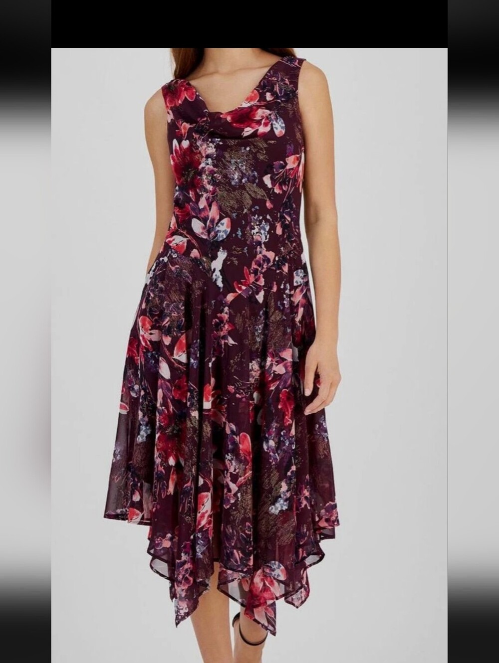 Signature by Robbie Bee Floral Midi Dress Sz 8 Purple Pink Sleeveless Cowl Neck - Picture 1 of 11